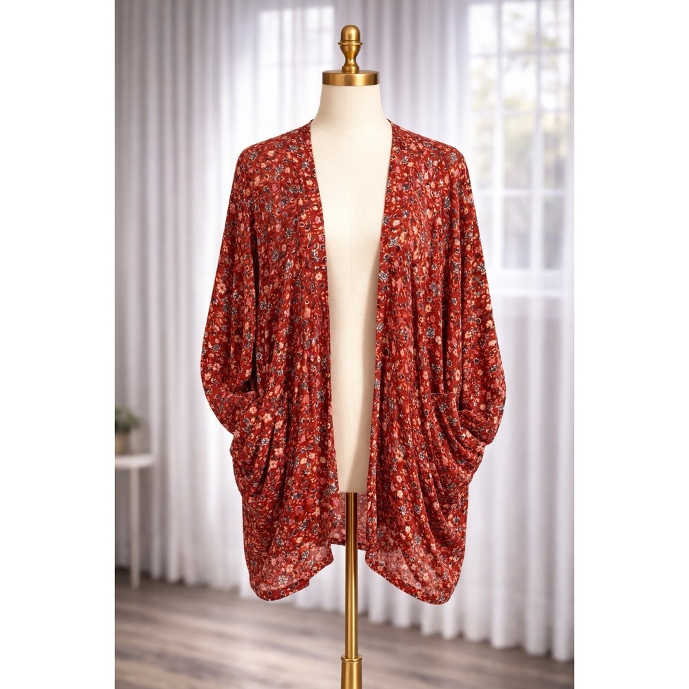 Torrid Duster Cardigan Sweater Open Front Kimono Sleeve Boho Rust Red Size L